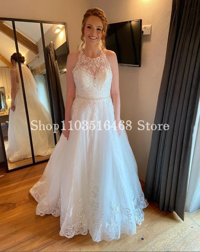 

Elegant High Neck Wedding 2024 For Women Luxury White Applique Sheer A Line Formal Occasion Couture Long Bridal robes de soirée