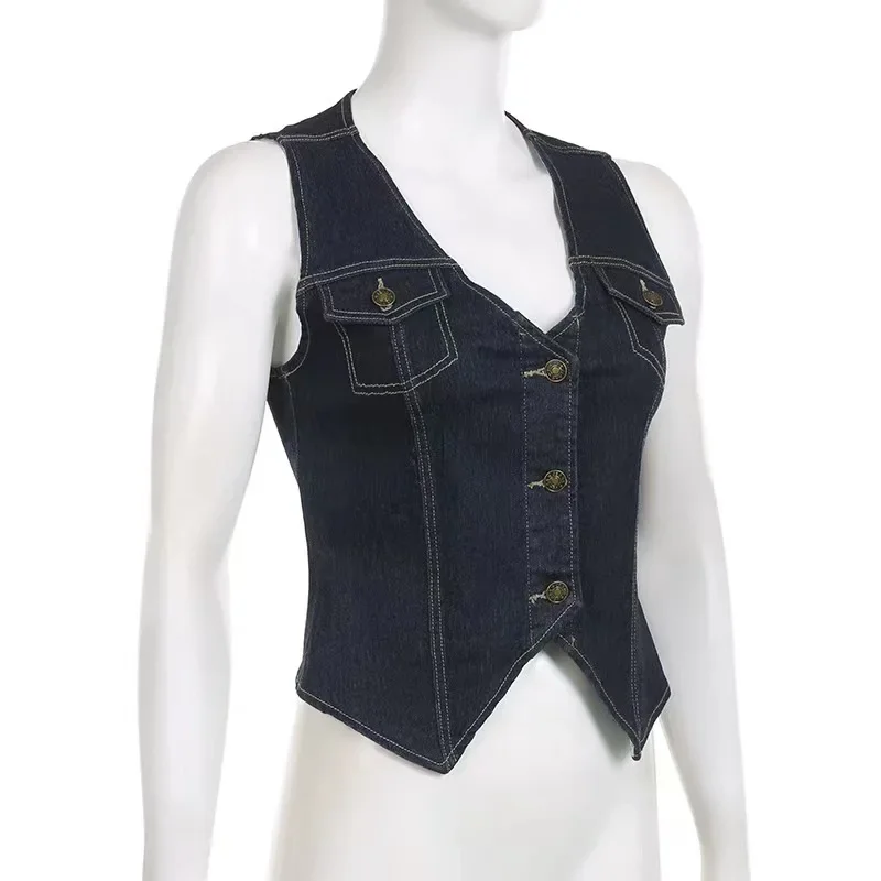 Deeptown Vintage Y2k Blue Denim Vest Women Streetwear 2024 Summer Korean Fashion Jean Sleeveless Jacket Chic and Elegant Top