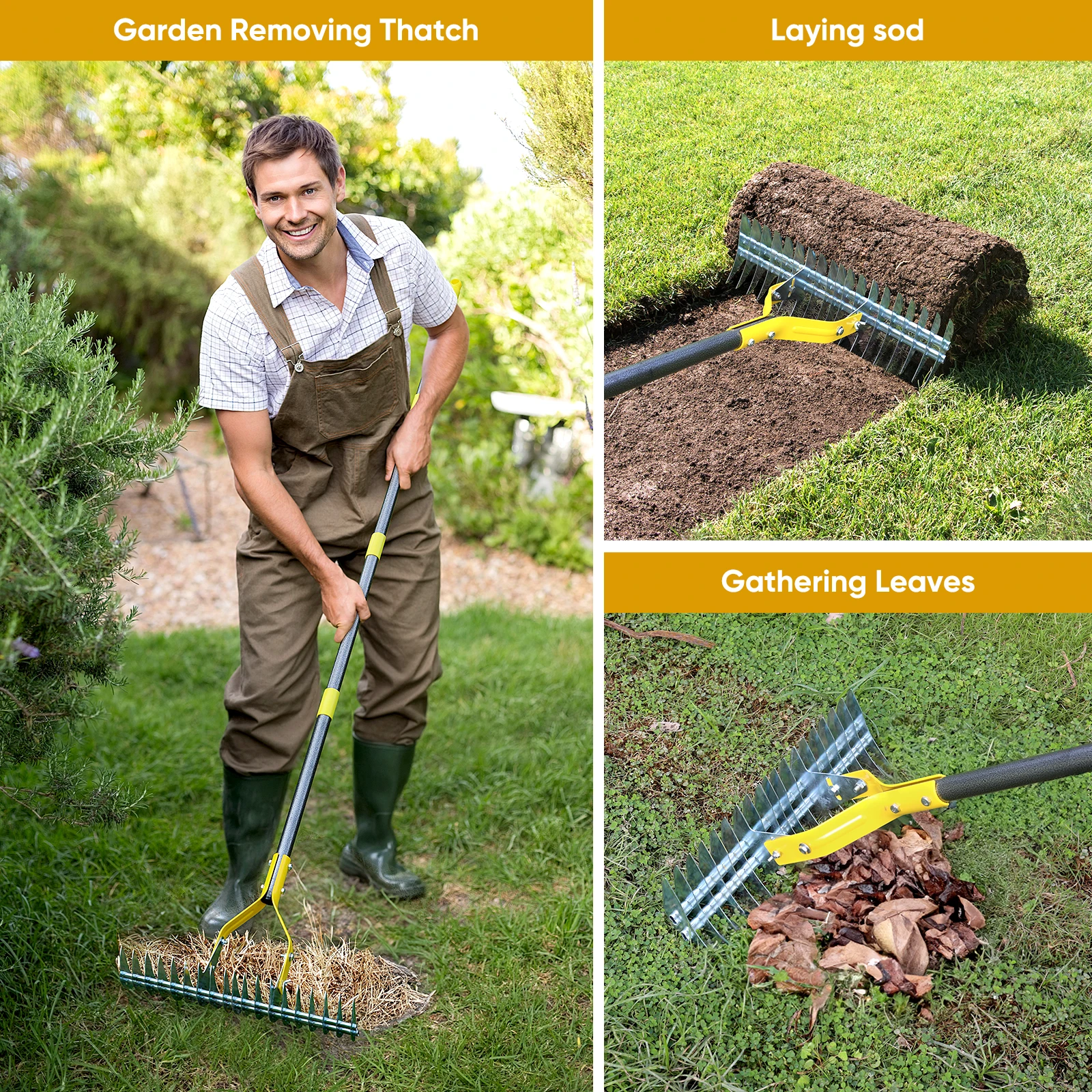 Thatch Rake, 15-Inch Lawn Thatching Rake, Robust Dethatcher Rake, Efficient Steel Metal Rake with Handle
