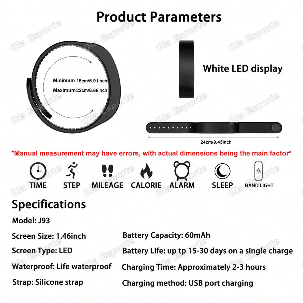 스마트 팔찌 LED 디지털 방수 스마트 시계 스마트밴드(러닝 보수계 모니터 포함) 스마트 밴드 진동 알람 알림
