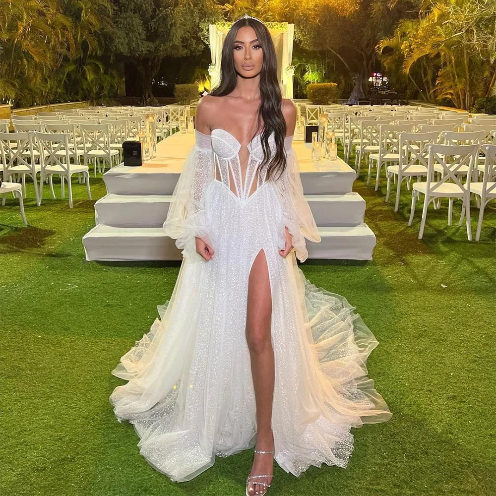 

Блестящее Тюлевое свадебное платье BridalAffair, с пышными рукавами, с разрезом сбоку, ТРАПЕЦИЕВИДНОЕ свадебное платье, свадебные платья принцессы