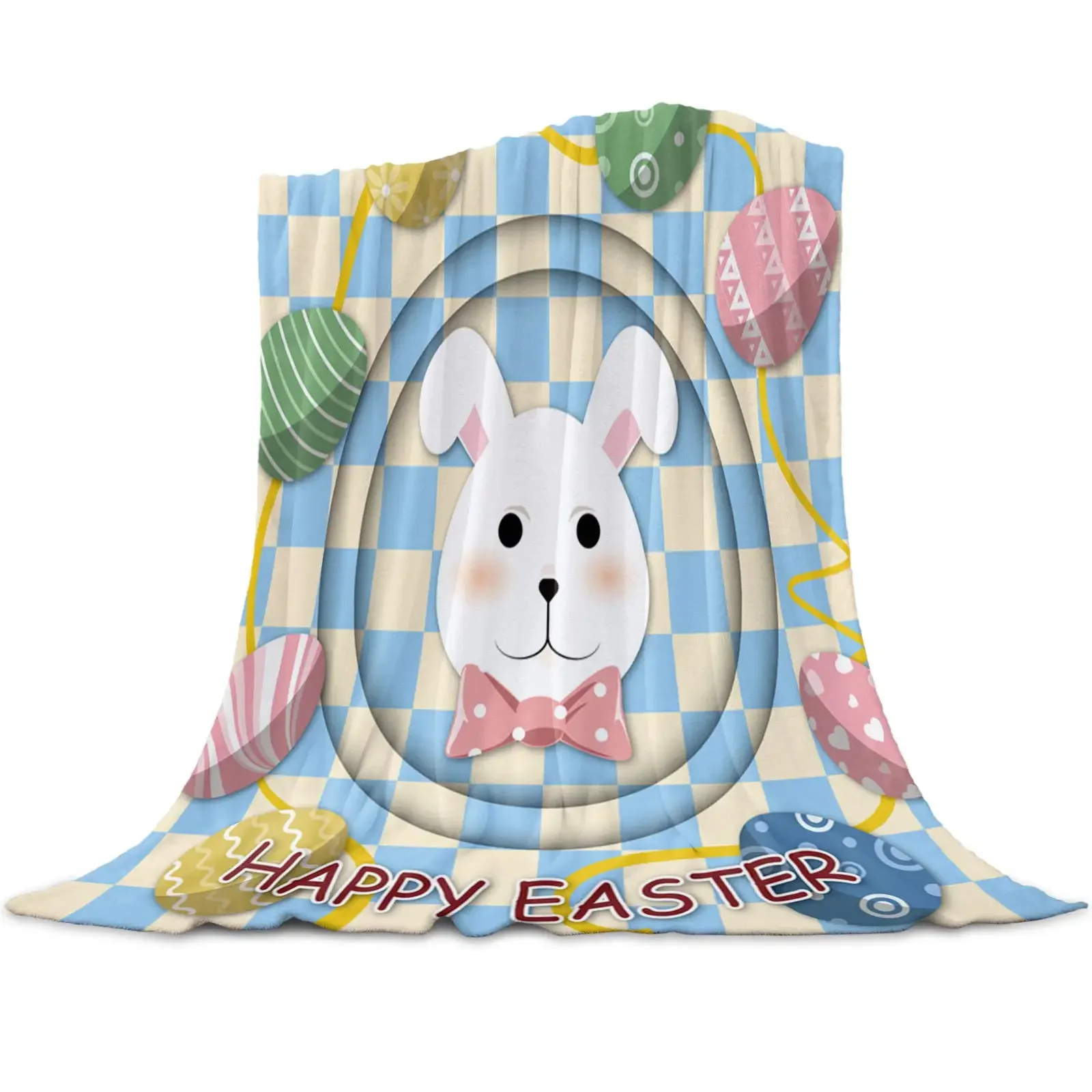Happy Easter Flannel Throw Blanket Soft Warm Blanket, Bunny Tail Stripes Eggs Teal Wooden Grain Blankets for Bedroom Couch Sofa 5