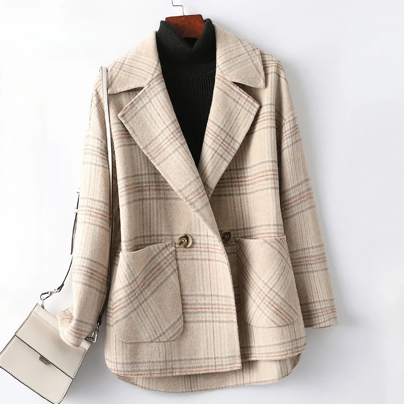 2023 Autumn Winter New Women Fashion Casual Double-Sided Cashmere Suit Coat Female Temperament Slim Checked Short Woolen Outwear