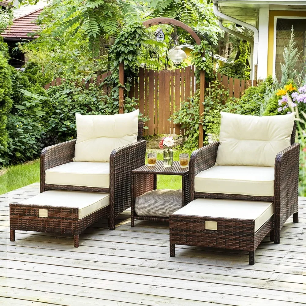 

5 Pieces Wicker Patio Furniture Set Outdoor Patio Chairs with Ottomans Conversation Furniture with coffetable for Garden (Beige)