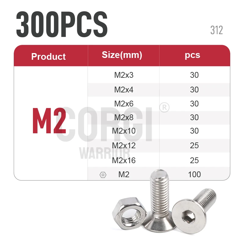 Description Picture 6 of item35-2600p Flat Head Hex Socket Cap Screws Bolts Assortment Kit M1.6 M2 M2.5 M3 M4 M5 M6 M8 M10 Stainless Steel Screw Nuts 4-50 mm