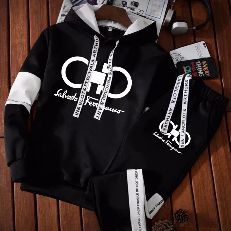 

Men's Hoodies Sets High Quality Tracksuit Man Hooded Pullover Sweatshirt + Jogger Sweatpants Outfits Hip Hop Luxury Streetwear