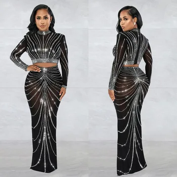 European and American fashion women's clothing mesh hot diamond perspective long-sleeved long skirt two-piece set
