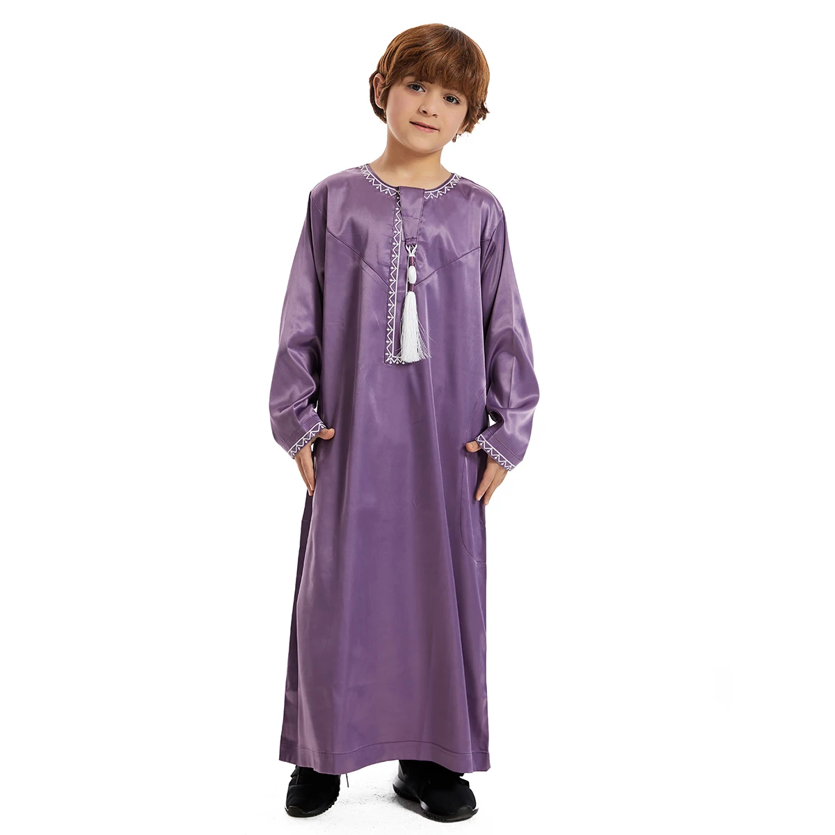 Teenage Muslim Boys Robe Round Collar Embroidered Long Sleeves Dress Gown Saudi Arabia Abaya Kaftan Jubba Thobe Islamic Clothing