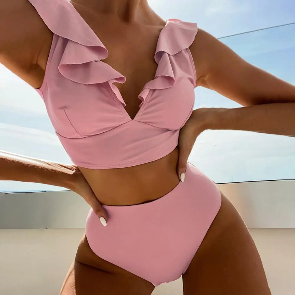 

Ruffle Stitching Tops High Waist Swimming Trunks Set Stylish Women's Summer Bikini Set with Ruffle Stitching Tops High Waist