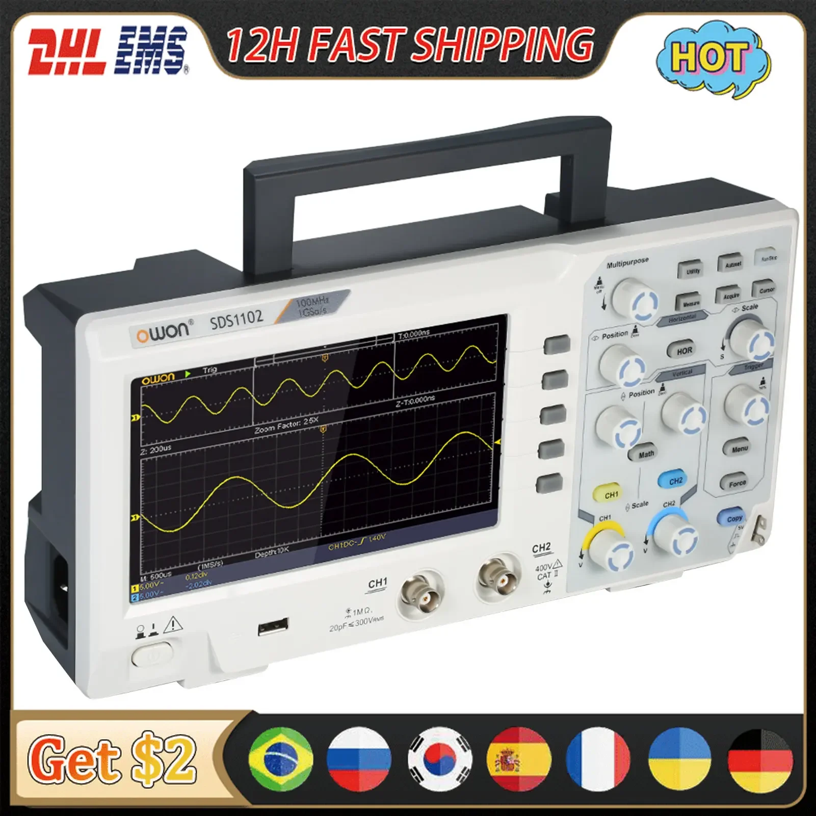 Owon SDS1102 2CH 1GS/s 8 Bits Osciloscopio Digitale Oszilloskop 