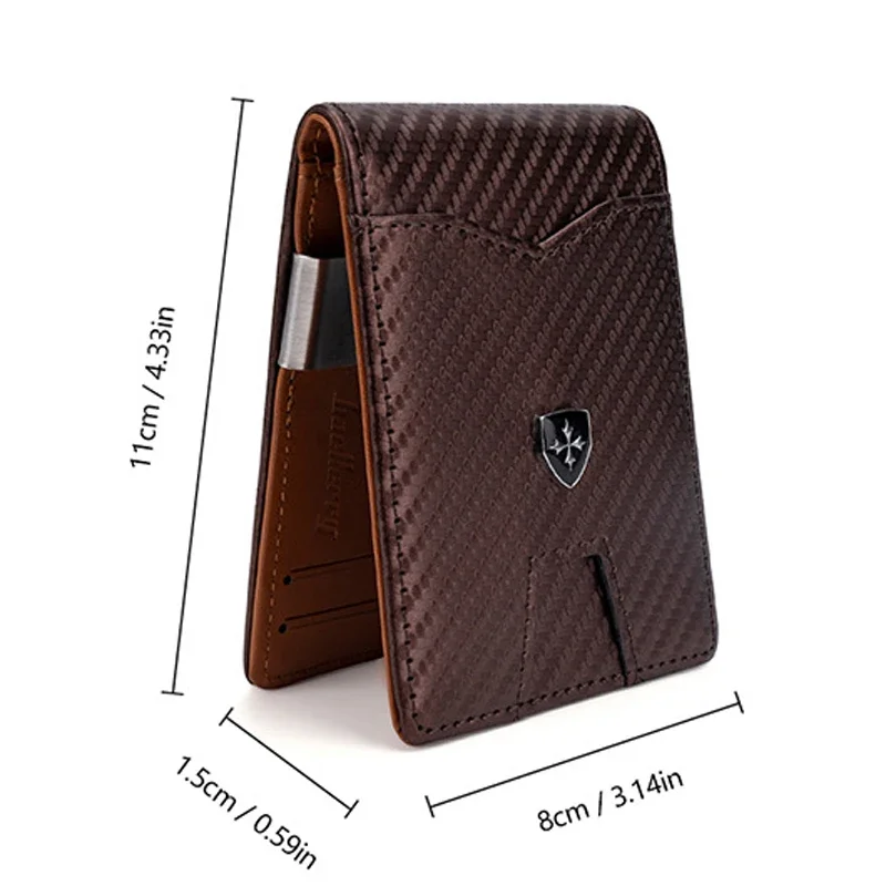 RFID Protection Carbon Fiber Men's Leather Money Clip Wallet With A Metal Clamp Credit Card Slots ID Cash Holder Small Purse 3
