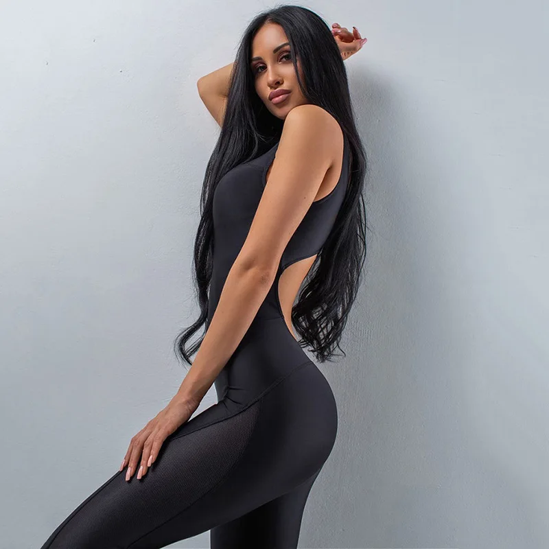 Modigirl Women's Back Hollow Out Sleeveless Sports Jumpsuits Elegant Bodycon Sportswear Sexy Black Long Jumpsuit For Women Girls