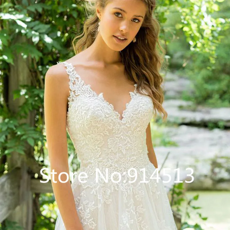 Customized Vestido De Noiva V Neck Tulle Wedding Dress Top Lace Appliques Bridal Dress Made Backless Wedding Gown Sweep Train 3