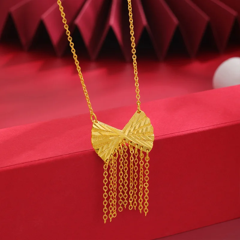 

Ожерелье из настоящего 14-каратного золота, кулон для женщин, ожерелье с кисточкой-бантом, женский стиль, роскошная цепочка на воротник, Изящные Ювелирные изделия, подарки
