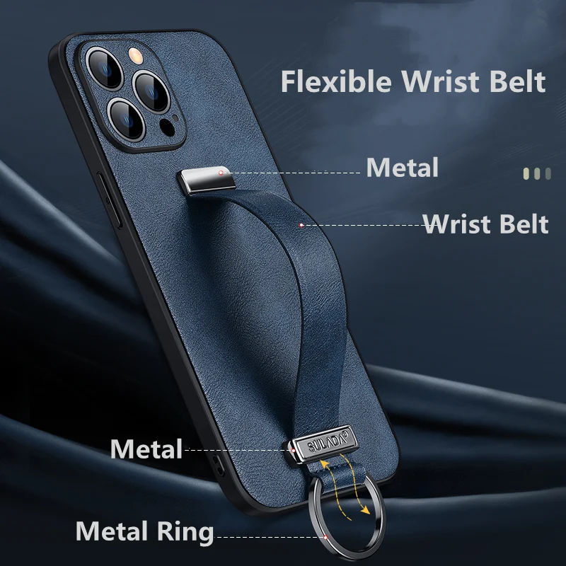 SULADA Luxury Oil Wax Leather Wristband Metal Ring Grip Case for iPhone 15 Pro Max 12 13 Pro 14 Plus Daul Stand Protective Cover