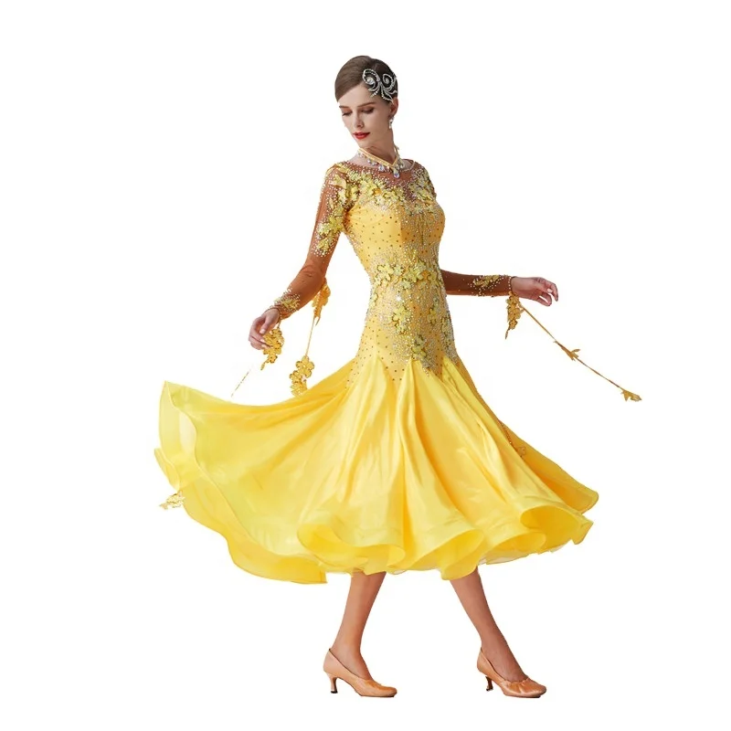 

Custom High Quality Ballroom Party Dress High-end Yellow Long Waltz Dance Dress Smooth Modern Dress For Competition