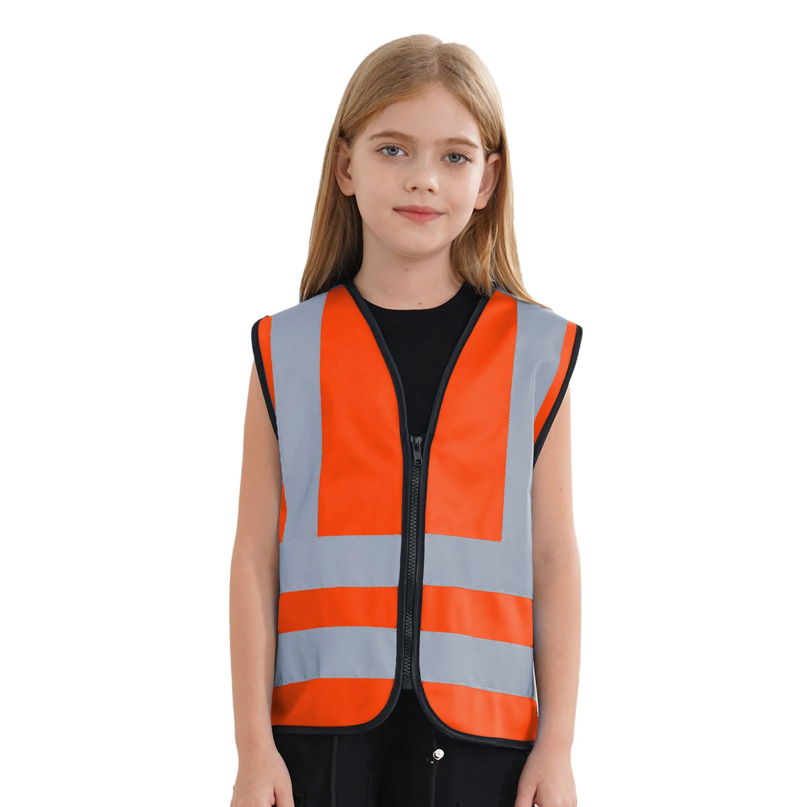 

High Visibility Reflective Tape Safety Vest Waistcoat Kids Boys Girls Sleeveless Zipper Jackets Top Volunteer Activities Costume