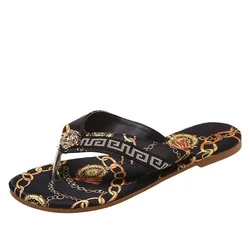 Elegant Women's Printed Flip-Flops - Stylish Outdoor Flat Sandals - 42 (Black)