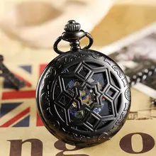 

Black Hollow Case Mechanical Hand-winding Pocket Watch Men Flip Fob Chain Necklace Clock Mens Watch reloj de bolsillo