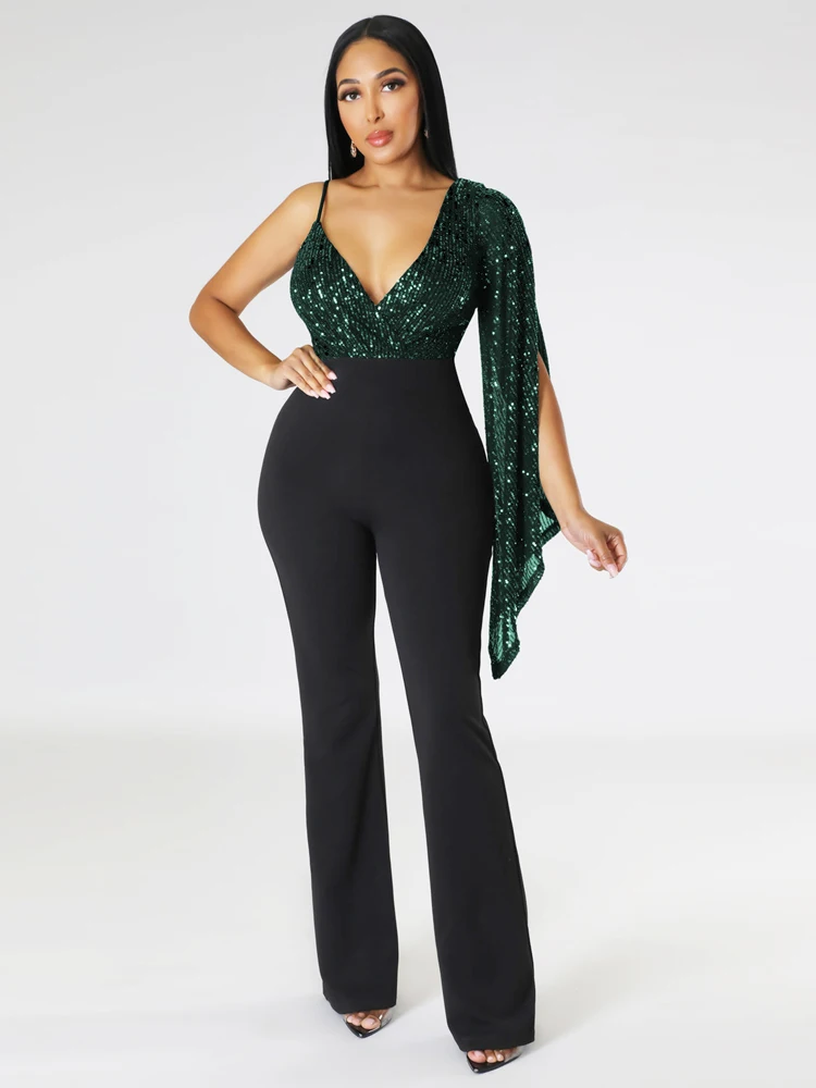 Women's Sexy Sequin V-neck Single Sleeve Straight Tube Jumpsuit Sequin Cape Sleeve Party Nightclub Pants Formal Occasion Dress one shoulder jumpsuit elegant one shoulder sequin jumpsuit with asymmetric design for prom party special occasions women sequin