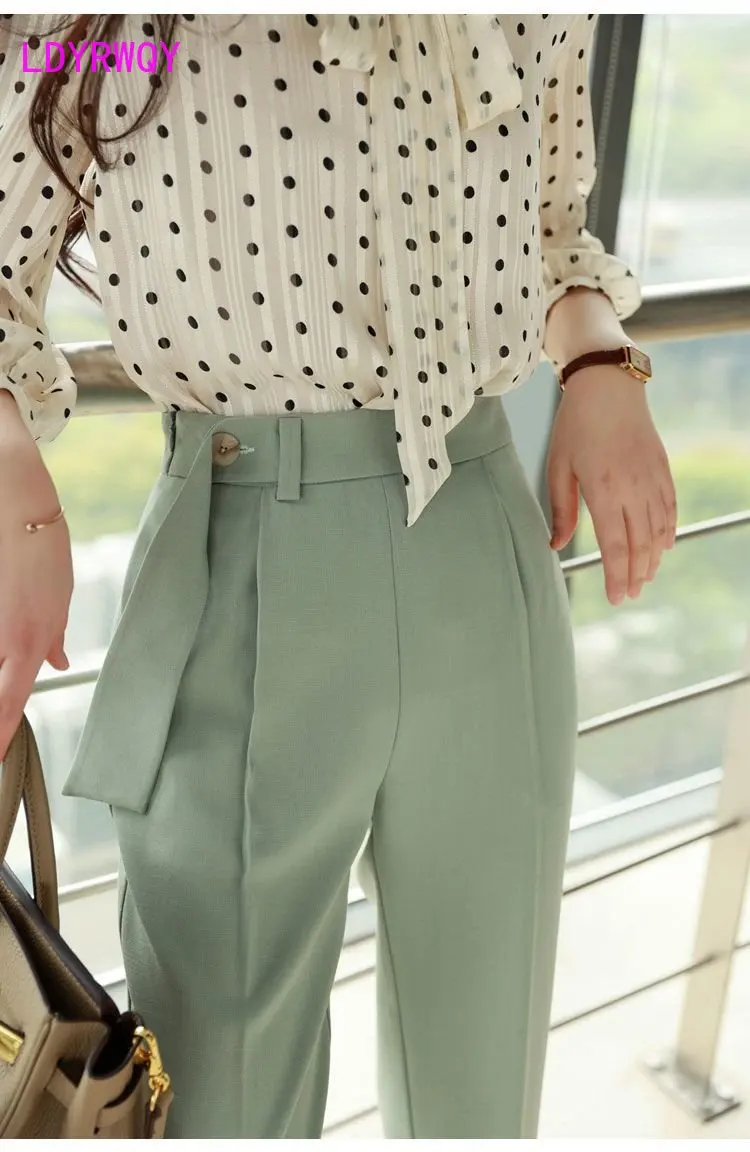 2023 spring and autumn new Korean version green cropped pants fresh temperament small leg pants drape thin casual trousers women