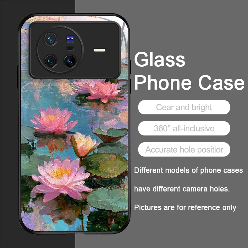 Vintage Lotus Flower Pattern Tempered Glass Phone Case - Artistic Oil Painting Design, Ultra-Durable Hard Cover
