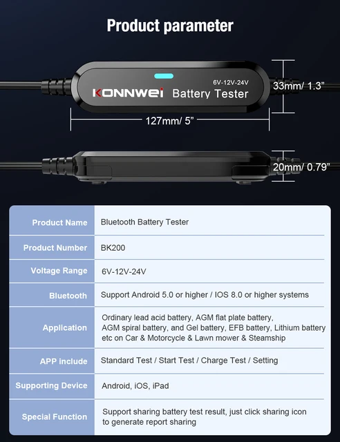 Konnwei Bk200 Bluetooth 5.0 6v 12v 24v Battery Analyzer Car Motorcycle  Truck Battery Tester Charging Cranking Test Tools - Car Battery Tester &  Charger Tools - AliExpress