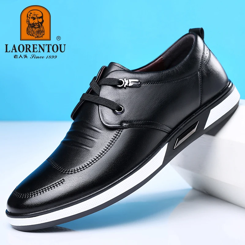 LAORENTOU genuine leather breathable casual small white shoes for men's Korean version cowhide soft sole white driving shoes 6