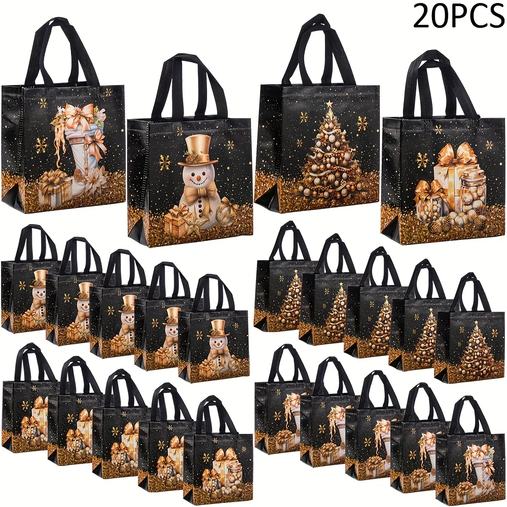 20pcs Festive Christmas Gift Bags - Snowman, Tree & Stocking Design,Non-Woven Tote Bags, 22.86x21.49x11.0 cm,Christmas Gift Bags
