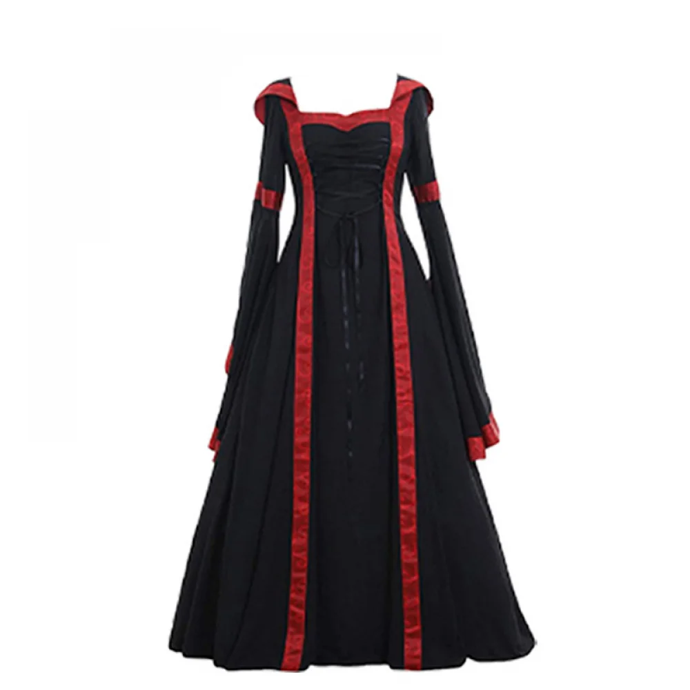 thumbnail image 1 of Vestido de bruja gótica victoriana para mujer, vestido medieval renacentista, mangas de trompeta, traje de demonio para carnaval de Halloween, 1 of 5