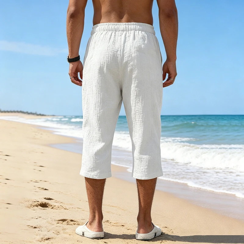 Summer Men Linen Capri Pants Drawstring Waist Loose Solid Color Casual Trousers For Daily Beach Vacation Outdoor Travel Wear 2