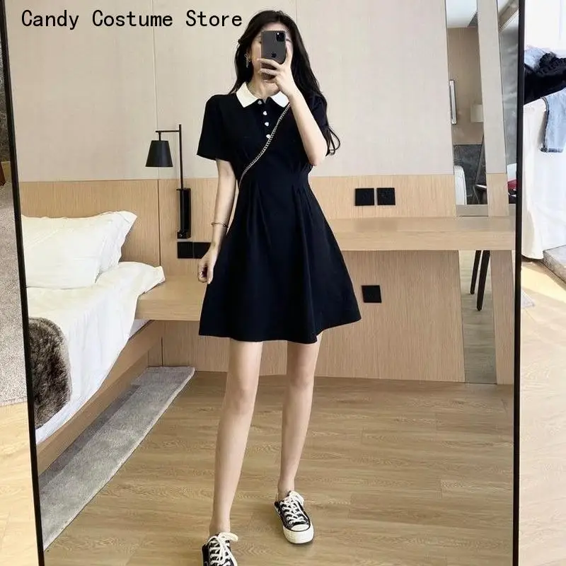 Black A-Line Mini Trendy Retro Simple Buttons Sweet College Female Turn-Down Collar Preppy Style Leisure Abdomen Insdress Women