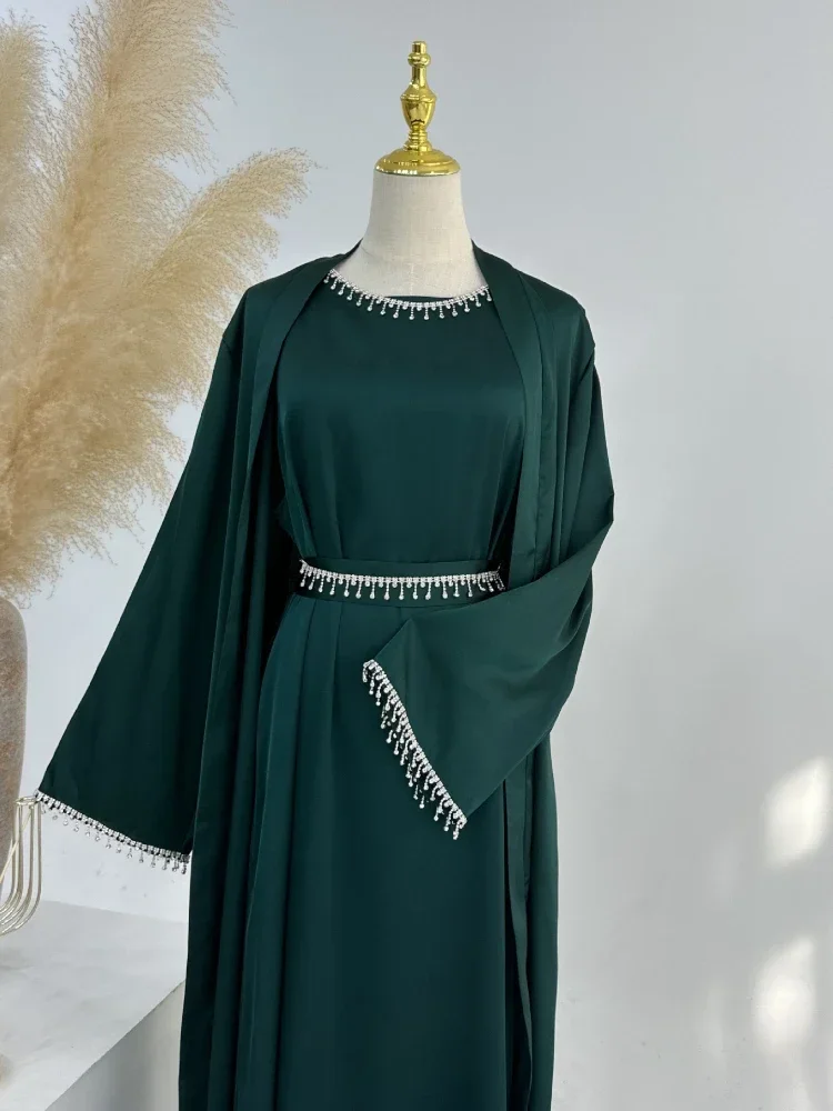 2024 New Eid Silky Satin Party Abayas Set 2 Piece Ramadan Women with 2 Diamond Chains Cardigan Robe Islamic Abaya