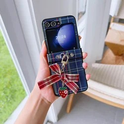 PU Leather Wrist Strap Cute Bowknot Plaid Phone Case with Hinge Protection - Shockproof Design for Samsung Galaxy Z Flip 5 (Blue)