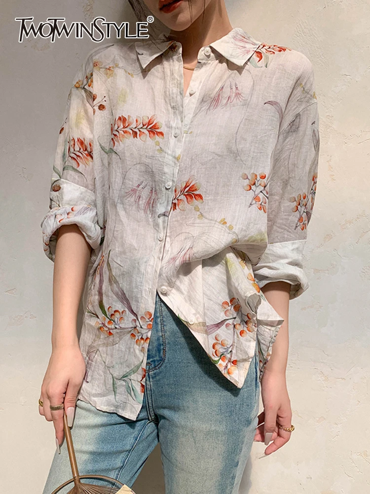 

TWOTWINSTYLE Printing Temperament Shirt For Women Lapel Long Sleeve Patchwork Single Breasted Elegant Blouse Female Clothing New