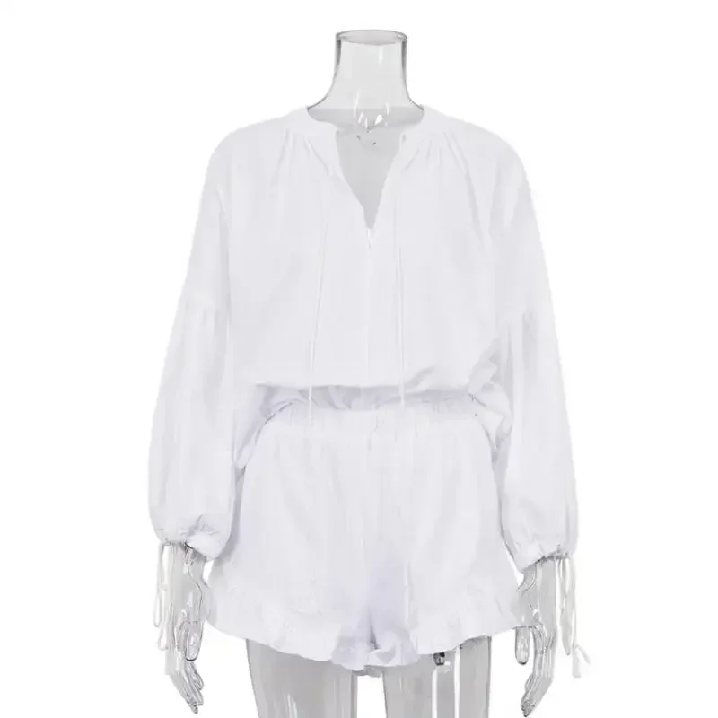 Women Casual 2 Piece Set Cotton Linen Long Sleeve Shirts and Shorts 2024 Spring Summer White Suit Chic Loose Female Outfits