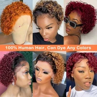 Perruque coupe lutin crépus bouclés perruque de cheveux humains miel blond bordeaux couleur courte bouclée Bob perruques pré plumées 13x1 perruques frontales en dentelle 6