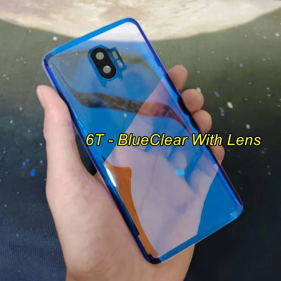 Oneplus 6 6T 배터리 커버 용 투명 투명 유리 뒷면 커버 카메라 렌즈 교체 + 스티커가있는 후면 하우징 도어 패널