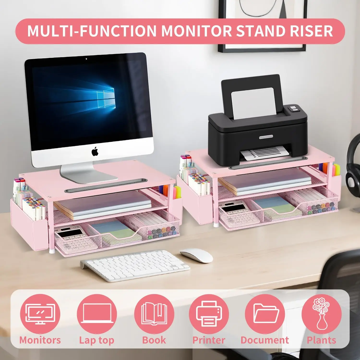 Pink Wood Monitor Stand with Drawer 4