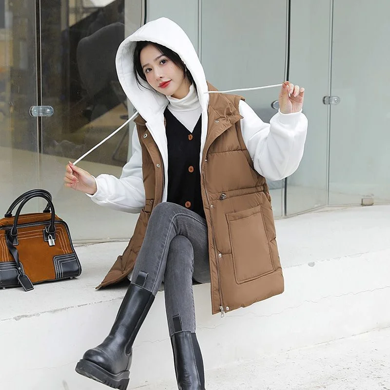2023 Women Fat MM Loose Fake Two-piece Splicing Hooded Cotton-Padded Jacket Women Winter Waist This Year's Popular Cardigan Coat