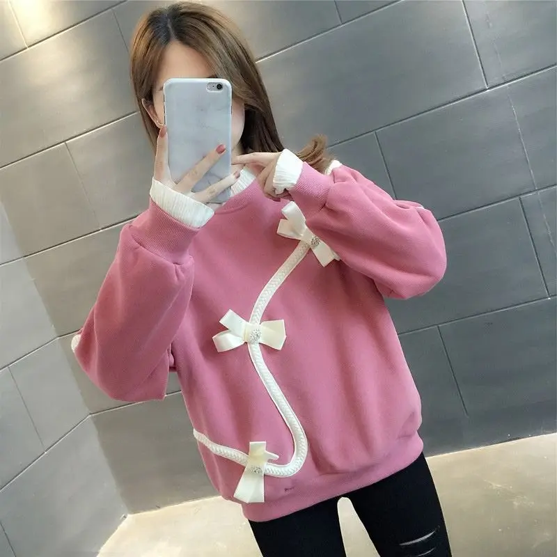 Autumn Winter Women\'s Sweet Patchwork Fake Two Piece Sweatshirt Lady Loose Casual Vintage All-match Pullover Top Female Clothes