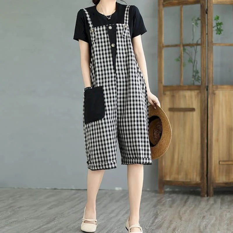 

Cotton Jumpsuits for Women Oversized Plaid Overalls One Piece Outfit Women Rompers Loose Korean Fashion Casual Vintage Playsuits