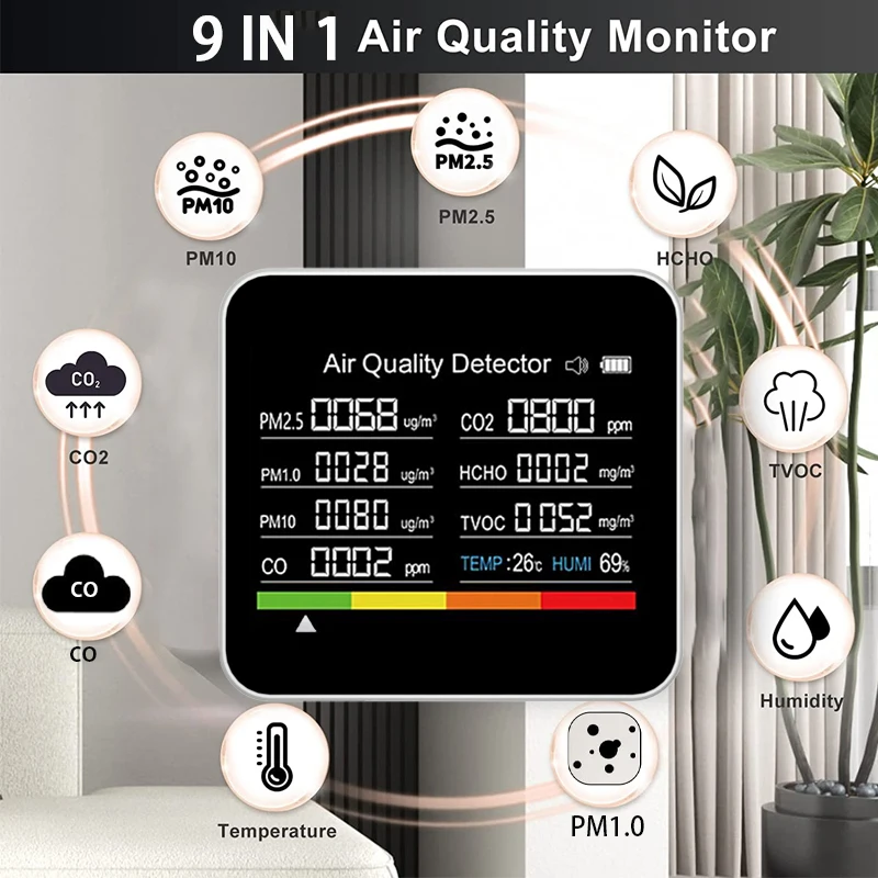 Tuya Wifi Co2 Mérő Levegőminőség -Mérő 7In1 Pm2.5 Pm10 Co Tvoc Hcho Aqi Teszter Tft Szines Kepernyo Szen Dioxid Detektor