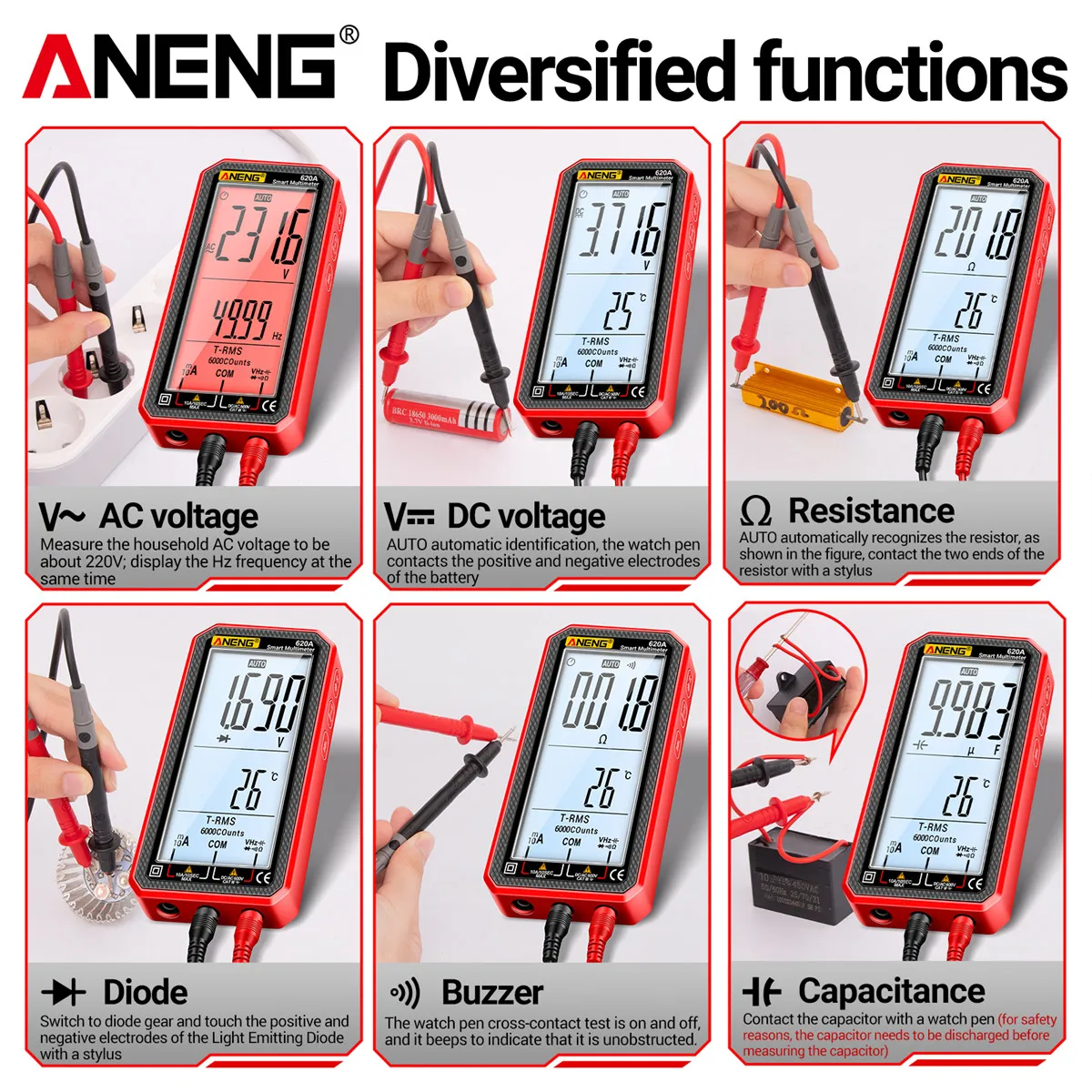 ANENG 620A Digital Multimeter 6000 Counts AC/DC Voltage Current Meter Diode True RMS Capacitor Temp Resistance Hz Test Tools