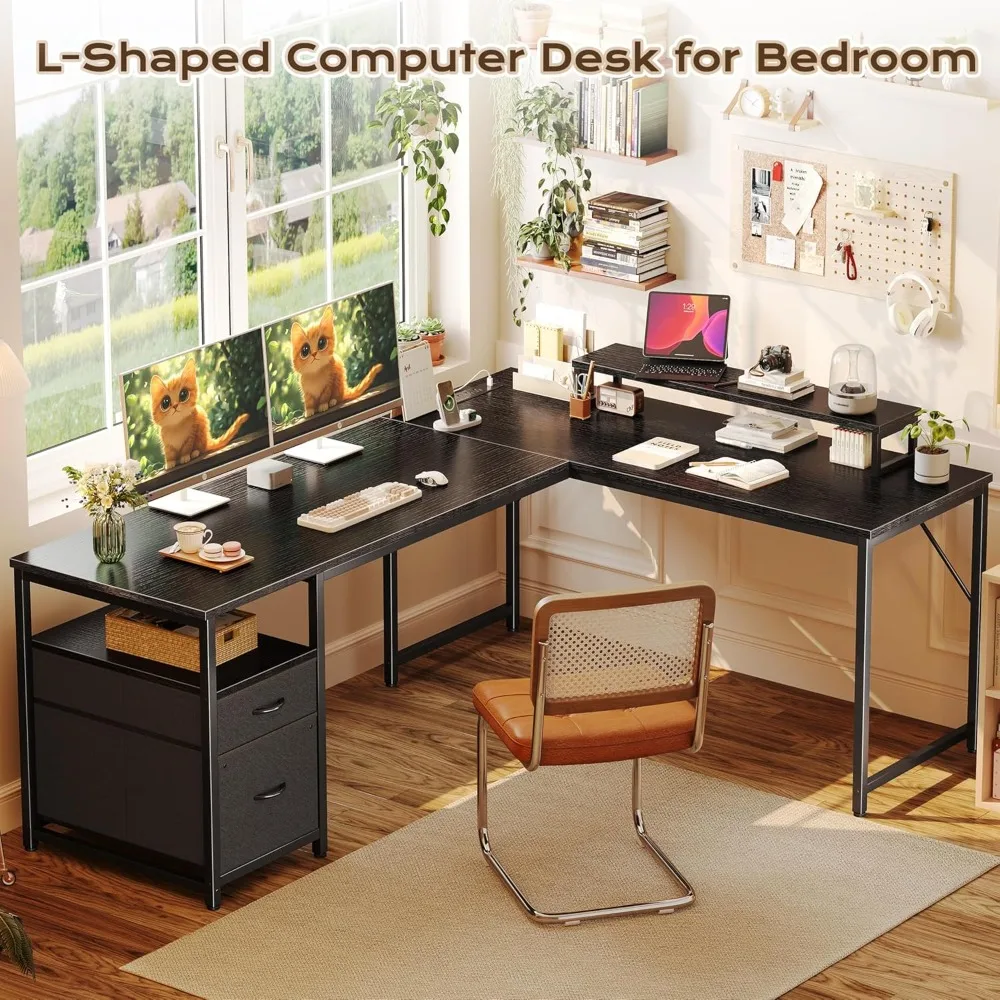 63 Inch L-Shaped Desk with Power Outlets, USB-C Port, Fabric Drawers & Movable Monitor Stand for Home Office Gaming Work