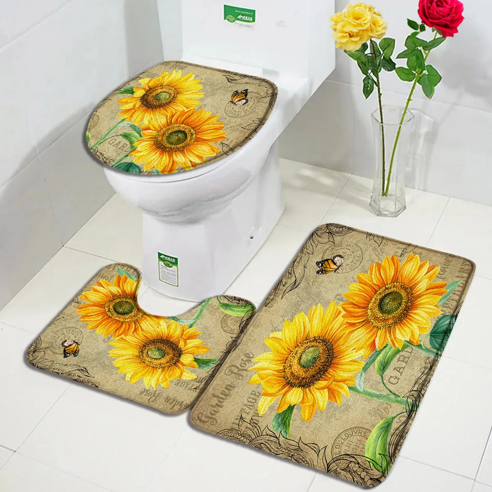 

Набор ковриков для ванной с бабочкой, подсолнухом, желтыми цветами, растениями, листьями, ВИНТАЖНЫЙ ПЛАКАТ, декор для ванной комнаты, Нескользящие коврики, крышка для туалета