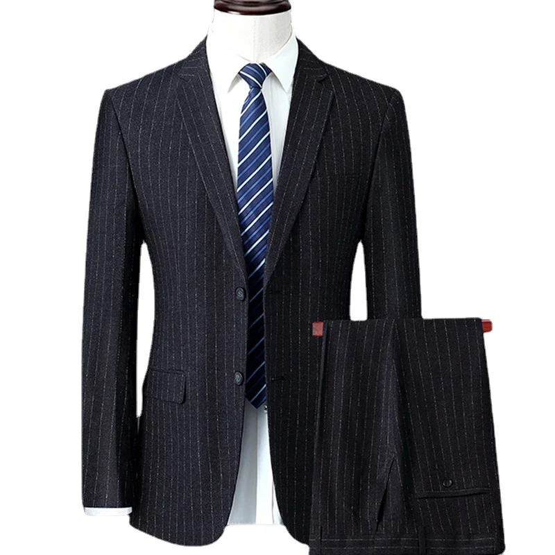 

( Jacket + Pants ) Classic Stripe Suit Set Business Casual 2 Piece Set High Quality Men's Blazer Trousers Waistcoat Men Clothing