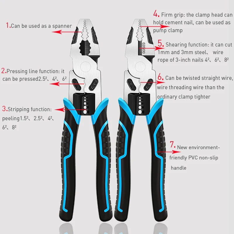 6''8''9'' Multifunction Pliers Set Combination Pliers Stripper/Crimper/Cutter Heavy Duty Wire Pliers Diagonal Pliers Hand Tools