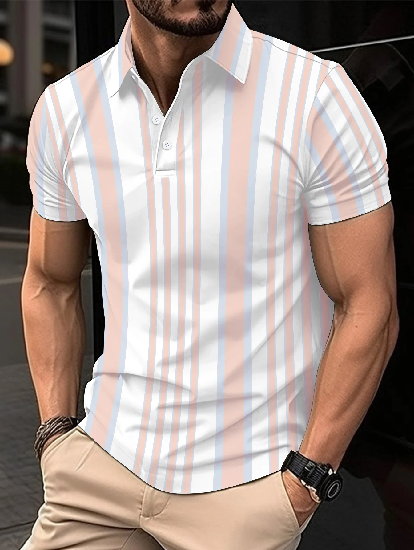 

New High-end Casual Business Style Color Matching Three-Dimensional Striped Lapel Men's POLO Shirt Short Sleeve