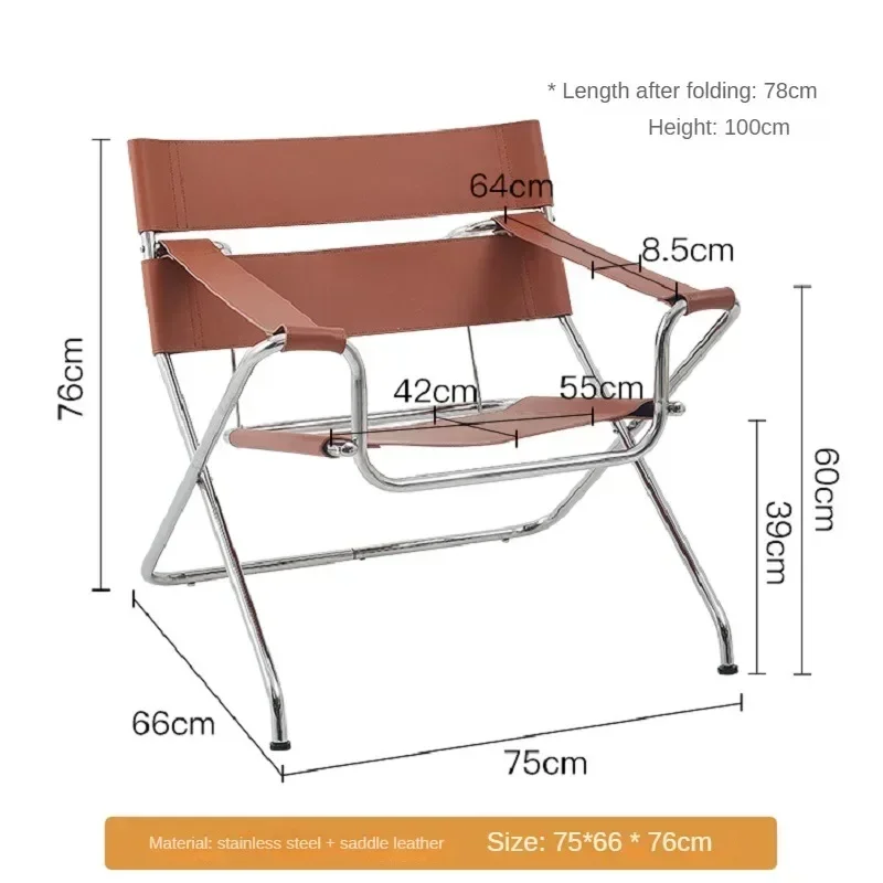 Nordic Saddle Leather Portable Storage Folding Recliner Designer Wassily Single Chair Stainless Steel Single Back Chair Sofa